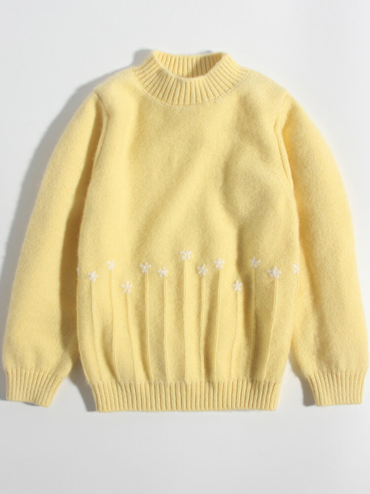 Soft Yellow Kids Cashmere Sweater with Embroidered Flowers